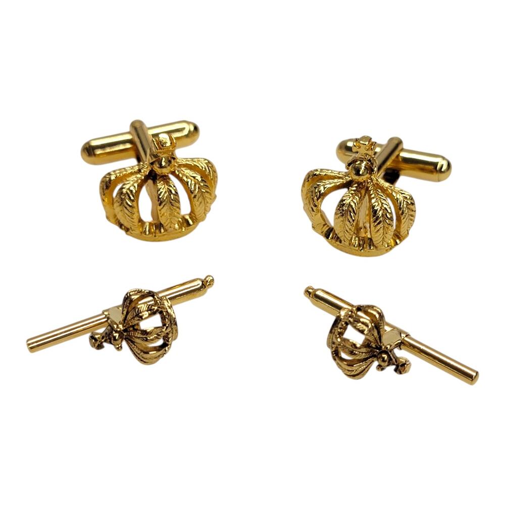 Vintage Gold Tone Royal Crown Cufflinks & Tuxedo Shirt Studs 4Pc Formal Set